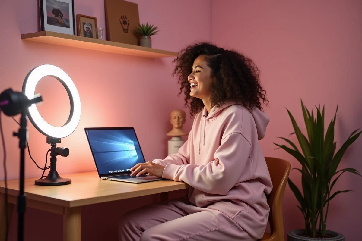 Influenceuse de télé-réalité en train de filmer du contenu pour les réseaux sociaux dans son studio maison, montrant les coulisses de la gestion de sa notoriété post-émission