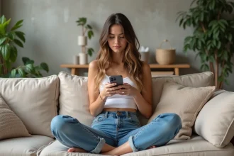 Jeune femme influenceuse parcourant son téléphone dans un appartement parisien moderne, illustrant la gestion de la notoriété après une émission de télé-réalité