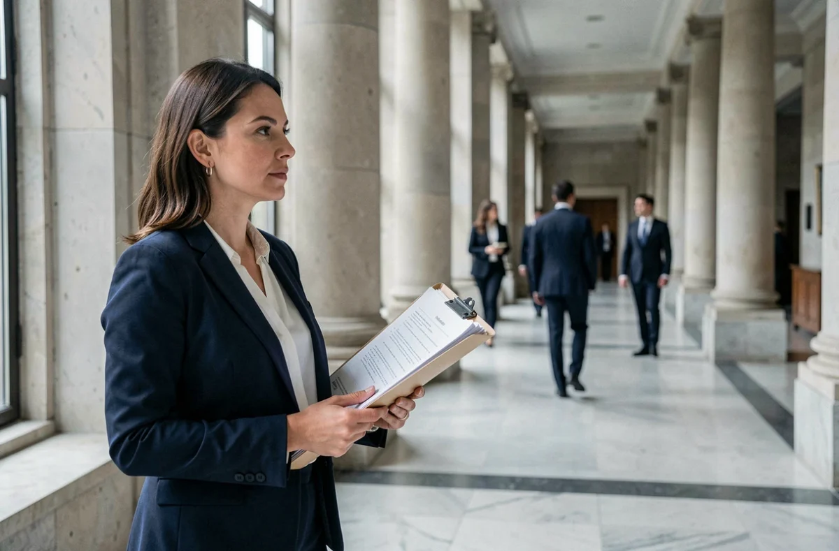 Juriste tenant un dossier juridique dans le couloir d'un palais de justice français, stratégie contentieuse
