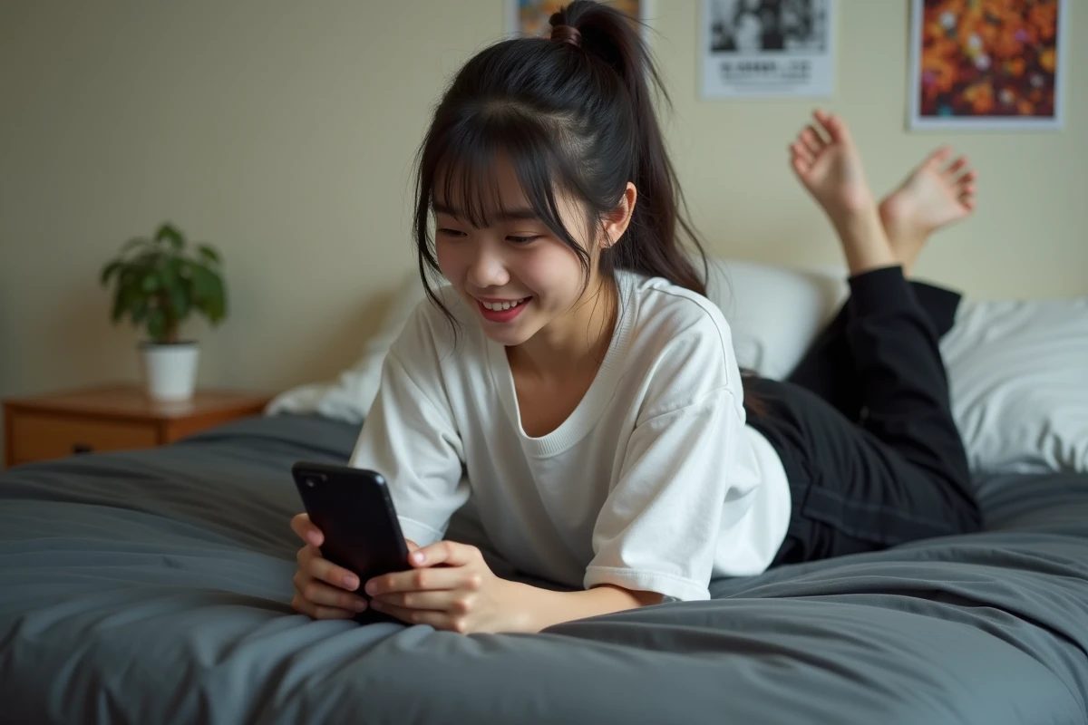 Jeune femme lisant un scan manga sur mobile allongée sur son lit dans une chambre minimaliste