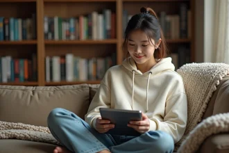 Jeune femme lisant des mangas en ligne sur une tablette dans un salon cosy avec des étagères remplies de volumes manga