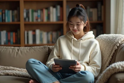Jeune femme lisant des mangas en ligne sur une tablette dans un salon cosy avec des étagères remplies de volumes manga