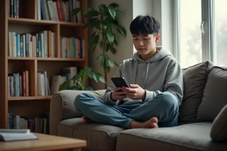 Jeune homme lisant un scan One Piece sur smartphone dans un salon avec des étagères de mangas