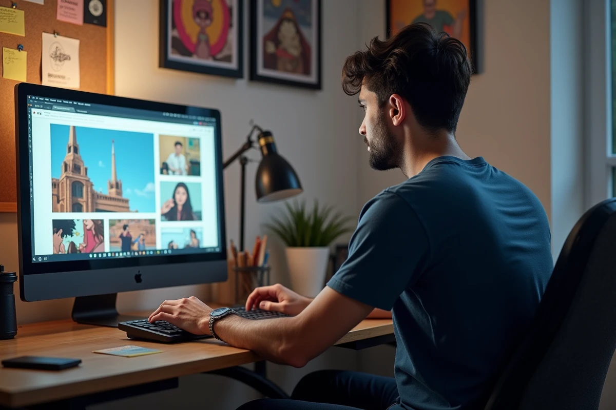 Homme adulte naviguant sur un site de lecture de webtoons et mangas en ligne depuis son bureau à domicile