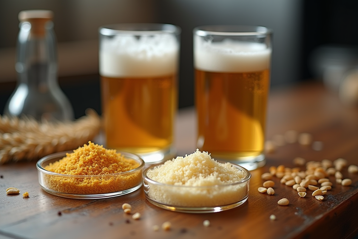 Main de brasseur tenant deux types de levure bière sur table en bois
