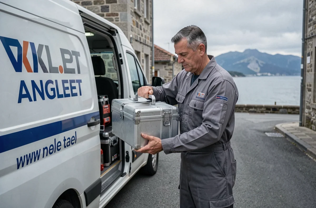 Technicien Luc Etablissements déchargeant son matériel depuis un véhicule de service dans une rue d'Anglet