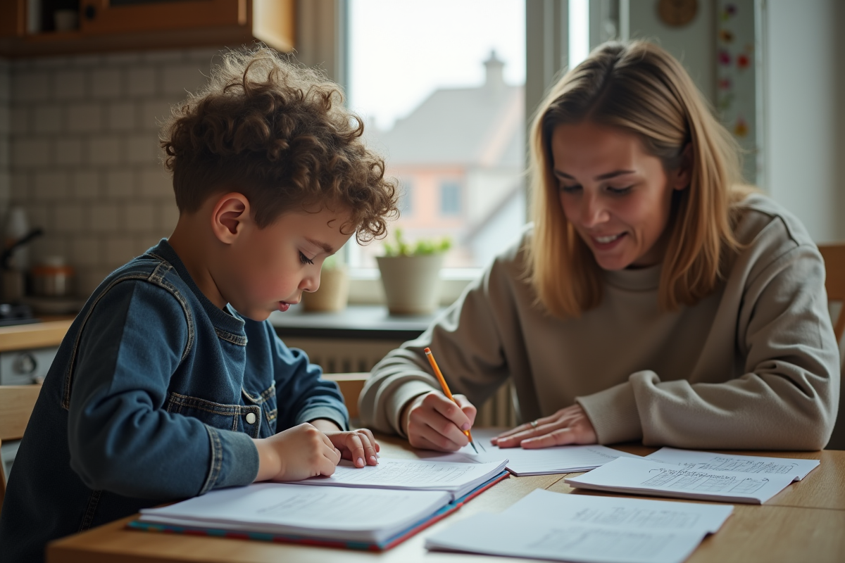 Femme et enfant faisant leurs devoirs dans la cuisine