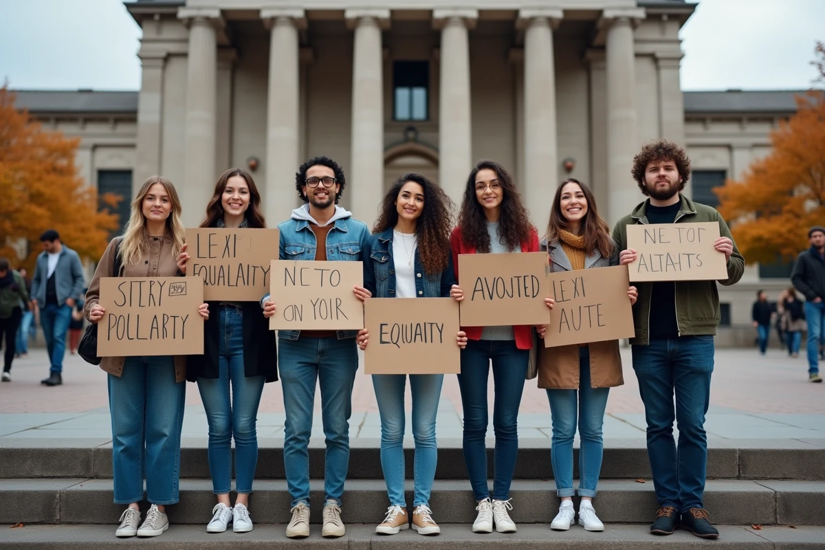 Groupe de manifestants diversifiés réunis sur les marches d'un bâtiment néoclassique pour défendre les droits des minorités, en parallèle avec les mutants Marvel
