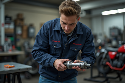 Jeune mecanicien examine un axe de moto Dax 50cc