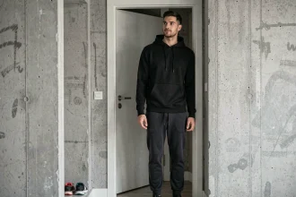 Homme grand mesurant sa taille debout à côté d'un cadre de porte dans un appartement moderne