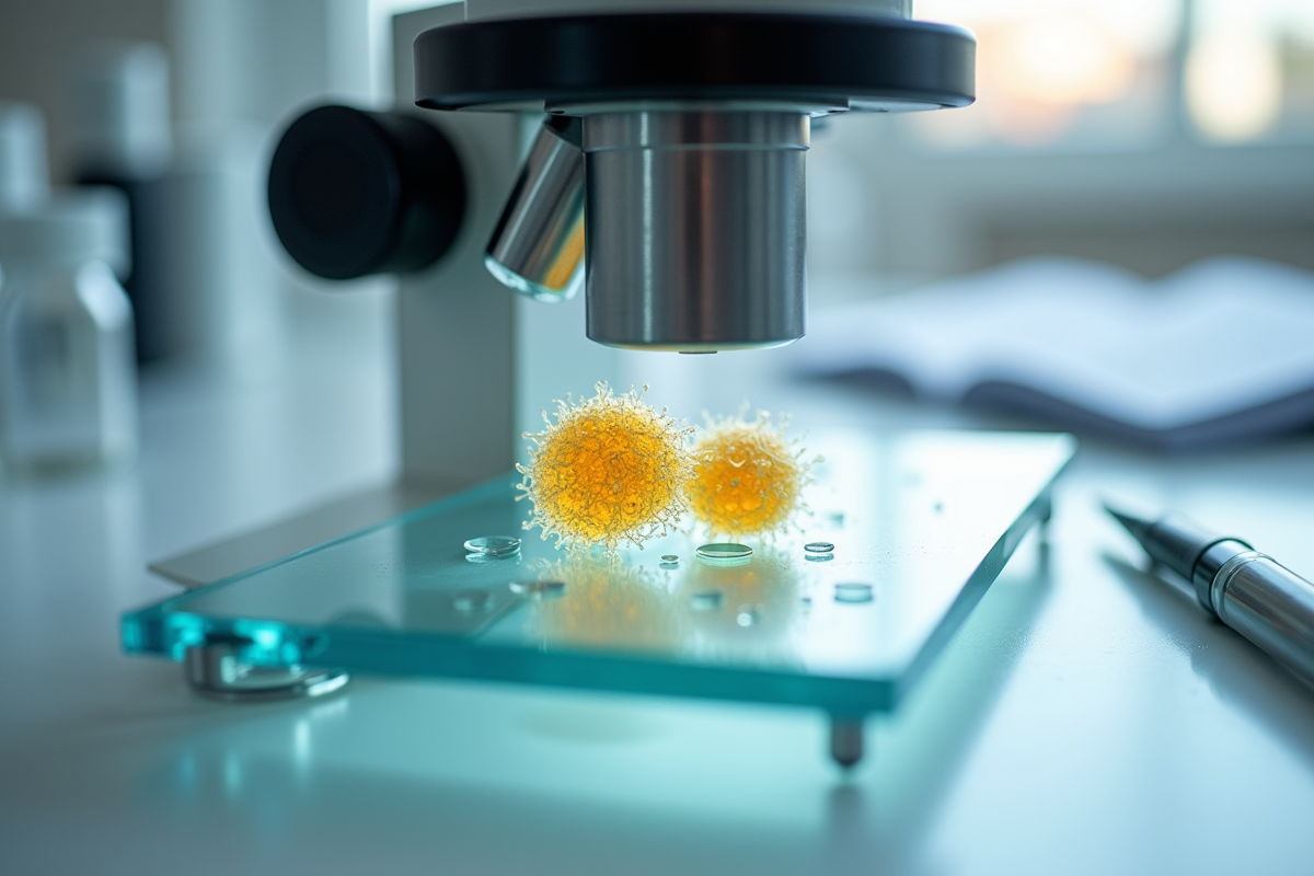 Cellules de levure au microscope sur fond blanc avec notes scientifiques