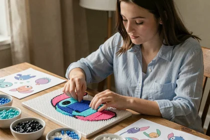 Jeune femme réalisant un modèle perles à repasser Stitch sur une planche en bois, avec des perles colorées triées en bols autour d'elle