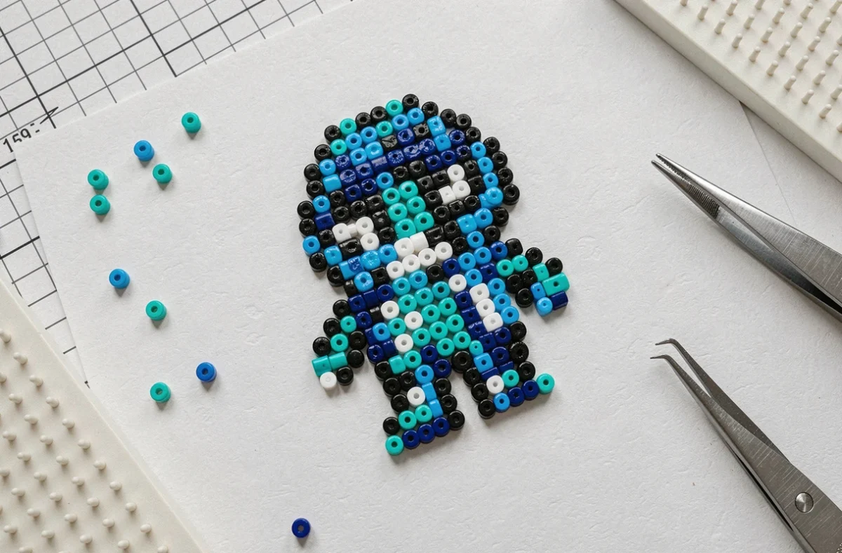 Vue de dessus d'un modèle perles à repasser Stitch terminé posé sur du papier blanc, entouré d'accessoires de création