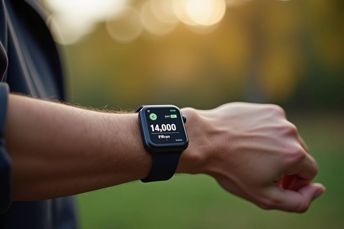 Montre connectee affichant 14000 pas dans un parc en plein jour