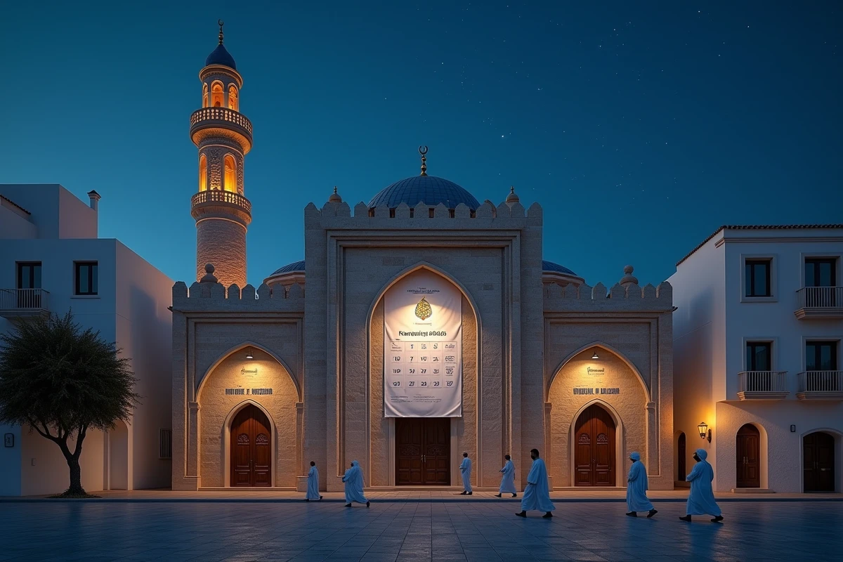 Mosquée avec bannière du calendrier Ramadan 2026 et horaires Imsak affichés, fidèles arrivant pour la prière du Fajr