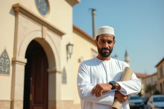 Homme musulman devant l'entrée d'une mosquée à Montpellier, consultant l'heure avant la prière