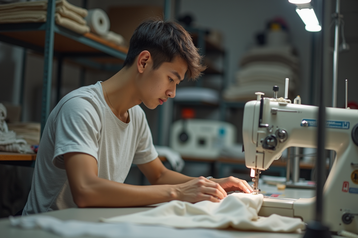 Jeune homme textile cousant un vêtement à la machine