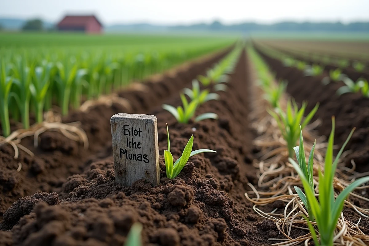 Champ agricole français divisé en parcelles de rotation des cultures à différents stades de croissance