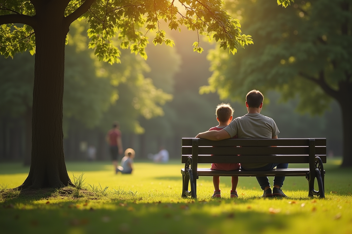Parent seul assis sur un banc dans un parc en pleine nature