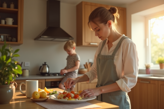 Parent seul préparant le petit déjeuner dans une cuisine lumineuse