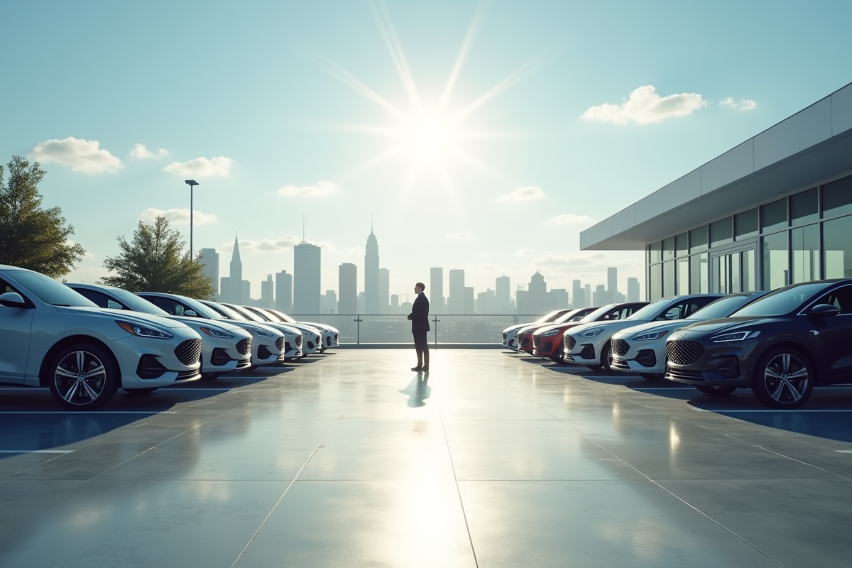 Parking de voitures neuves sous un ciel ensoleille avec un vendeur