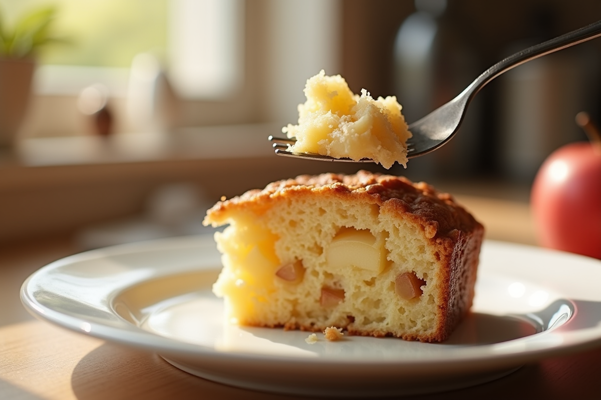 Part de gâteau aux pommes sur une assiette blanche
