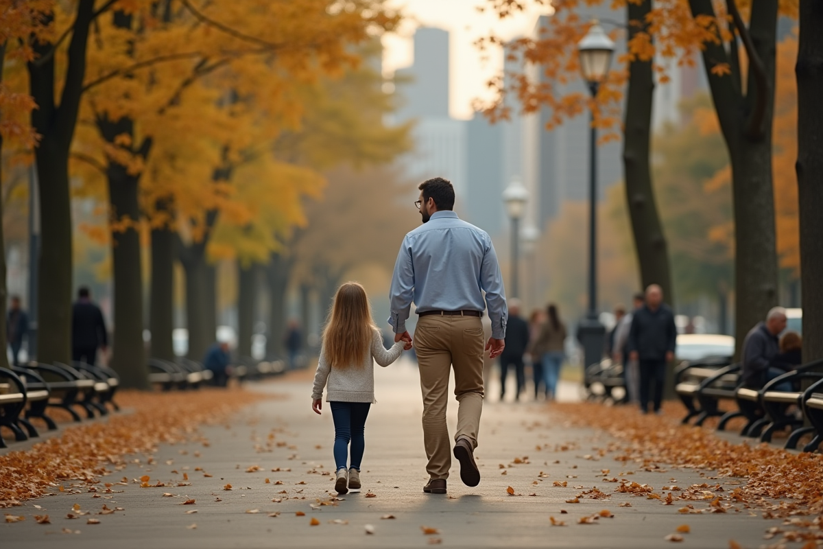 Pere et fille marchant dans un parc en automne