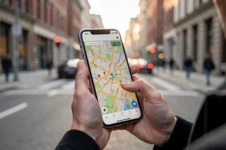 Personne consultant une carte sur son téléphone dans une rue