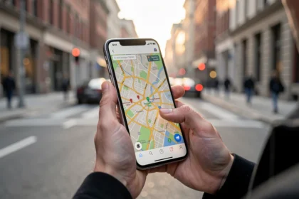 Personne consultant une carte sur son téléphone dans une rue