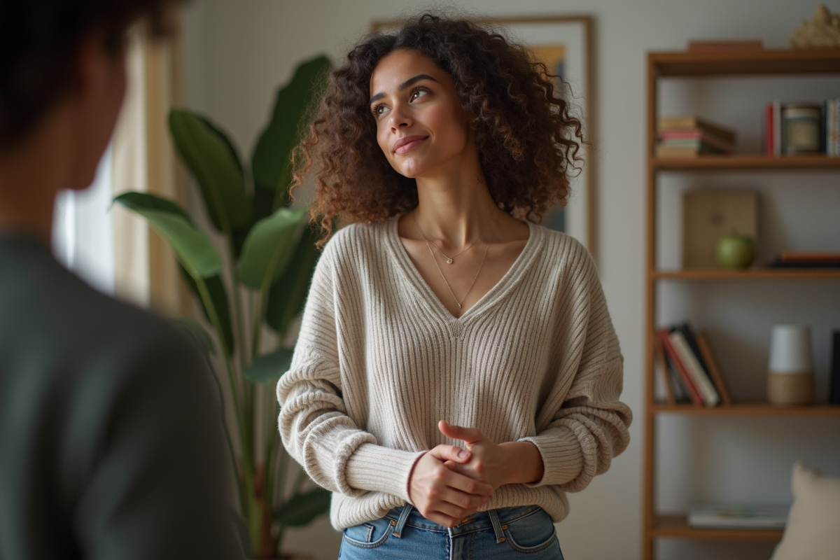 Personne nonbinaire dans un salon cosy