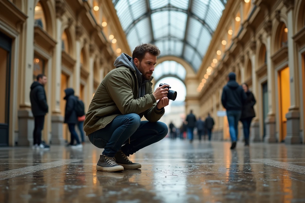 Photographe de rue accroupi dans la Galerie Vivienne à Paris, capturant le reflet des arcades sur le sol mouillé