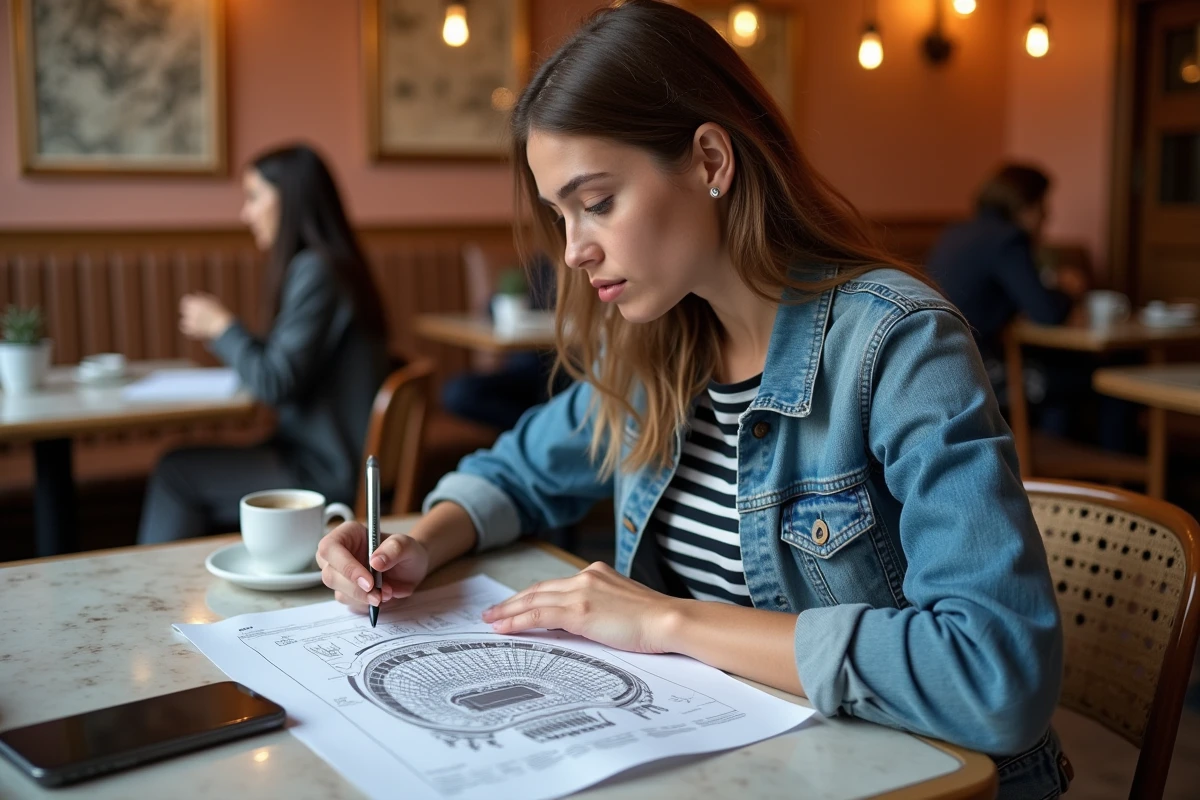 Femme étudiant le plan de salle d'une grande arena pour choisir les meilleures places de concert