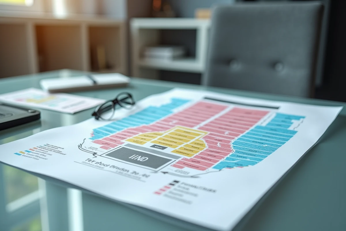 Gros plan sur un plan de salle de concert avec zones prioritaires surlignées et annotations manuscrites