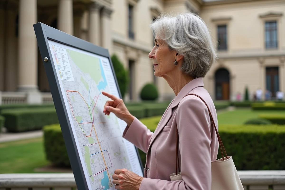 Touriste consultant le plan du tramway de Bordeaux devant le Musée des Beaux-Arts, panneau d'information visible en premier plan