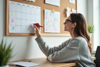 Femme planifiant ses congés sur un calendrier mural en 2026 dans un bureau à domicile organisé