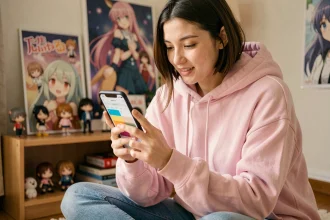 Jeune femme consultant le planning anime sur son smartphone dans sa chambre décorée de figurines et d'affiches manga