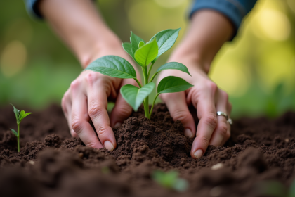 Mains plantant une wisteria dans un sol riche