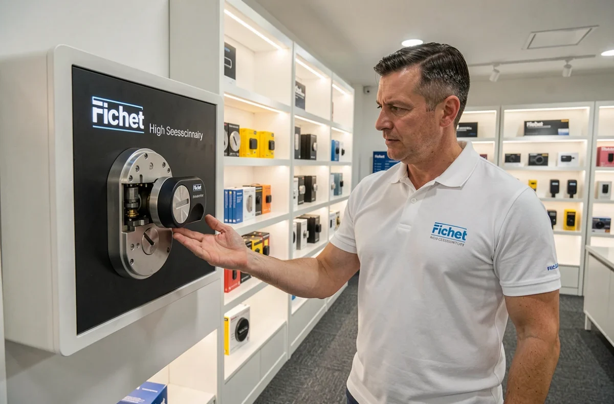Conseiller Point Fort Fichet Securitec présentant des serrures haute sécurité dans un showroom agréé à Pau