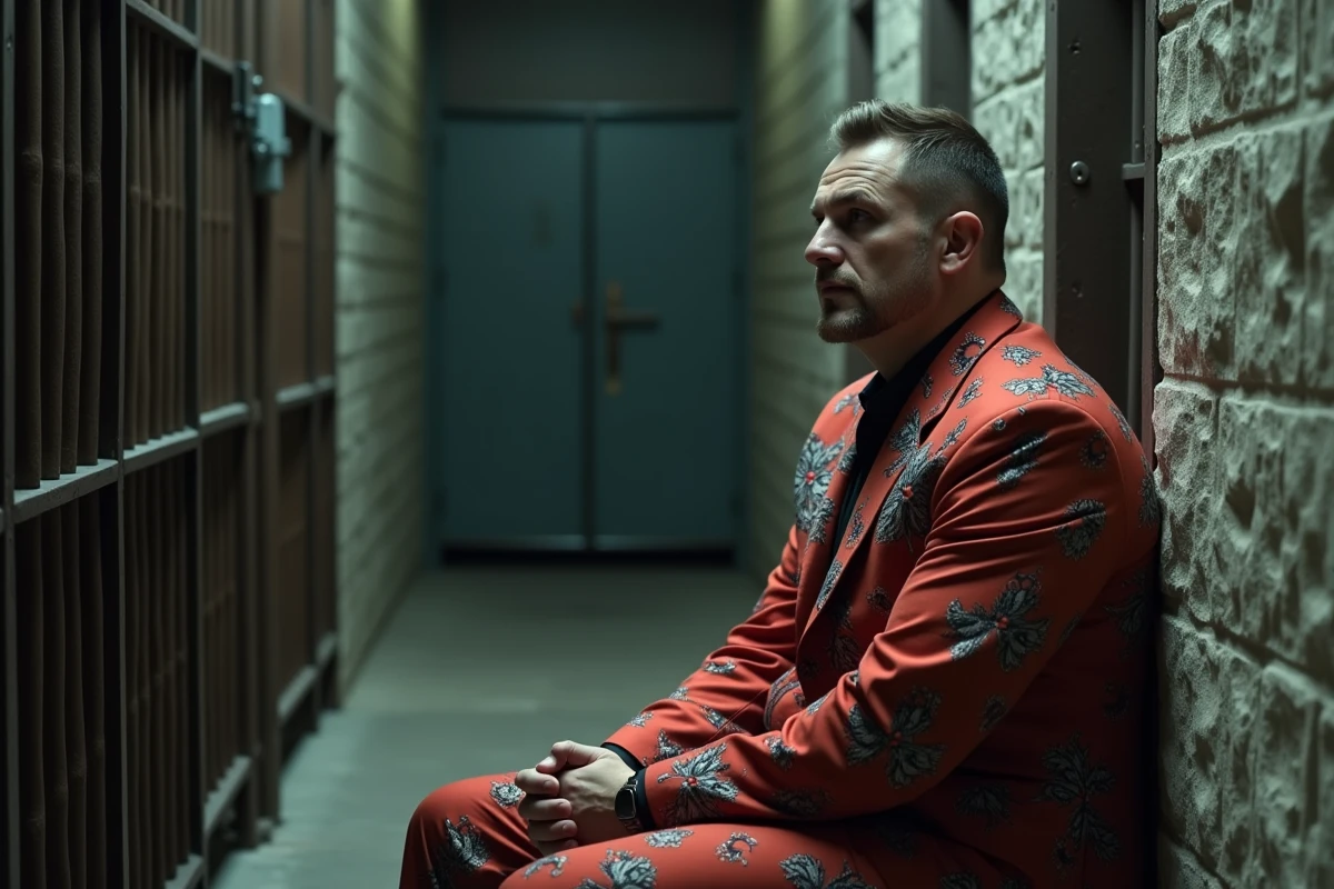 Homme en costume detaille assis dans un couloir de prison