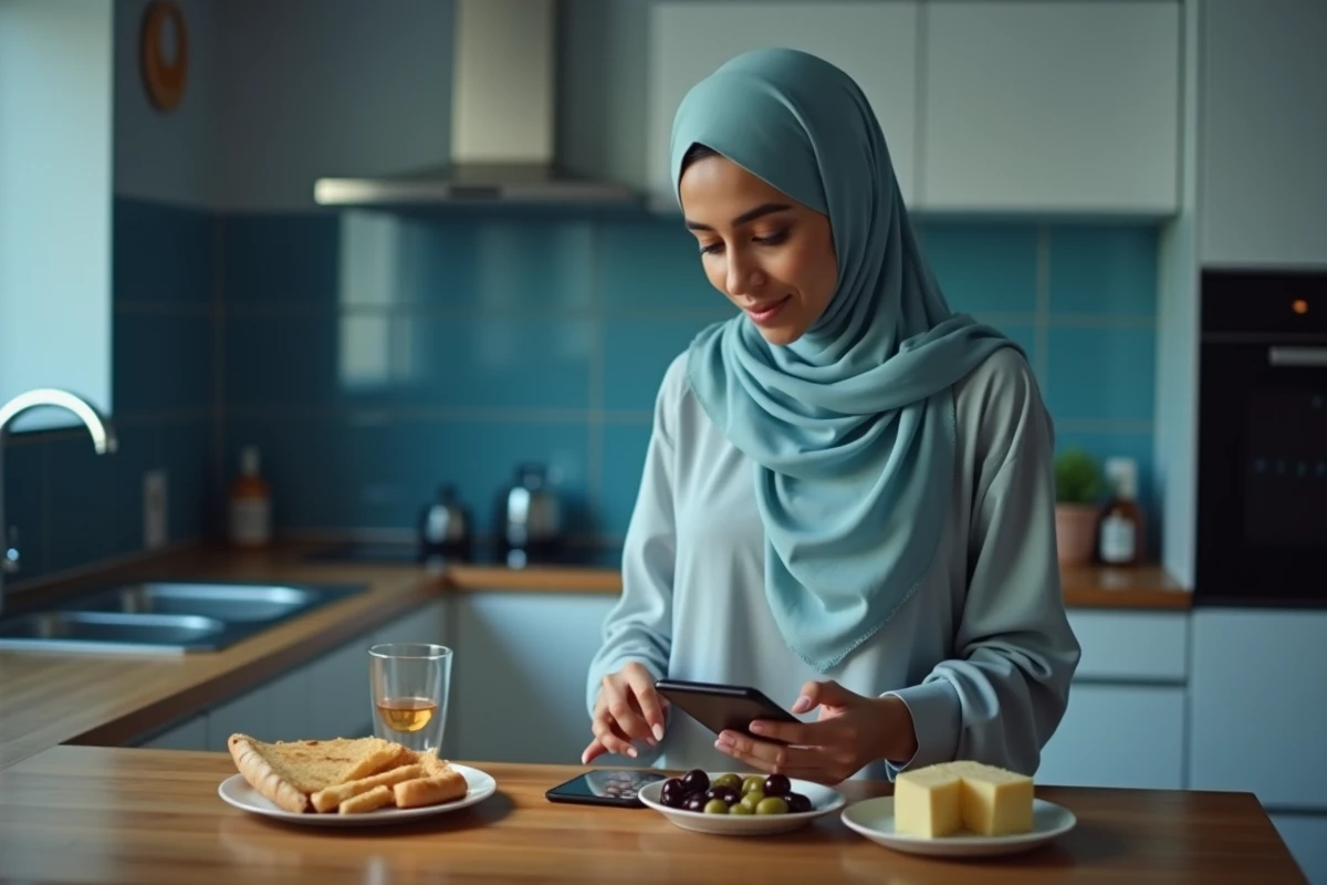 Femme préparant le repas de suhour avant l'heure Imsak du Ramadan 2026 dans une cuisine moderne