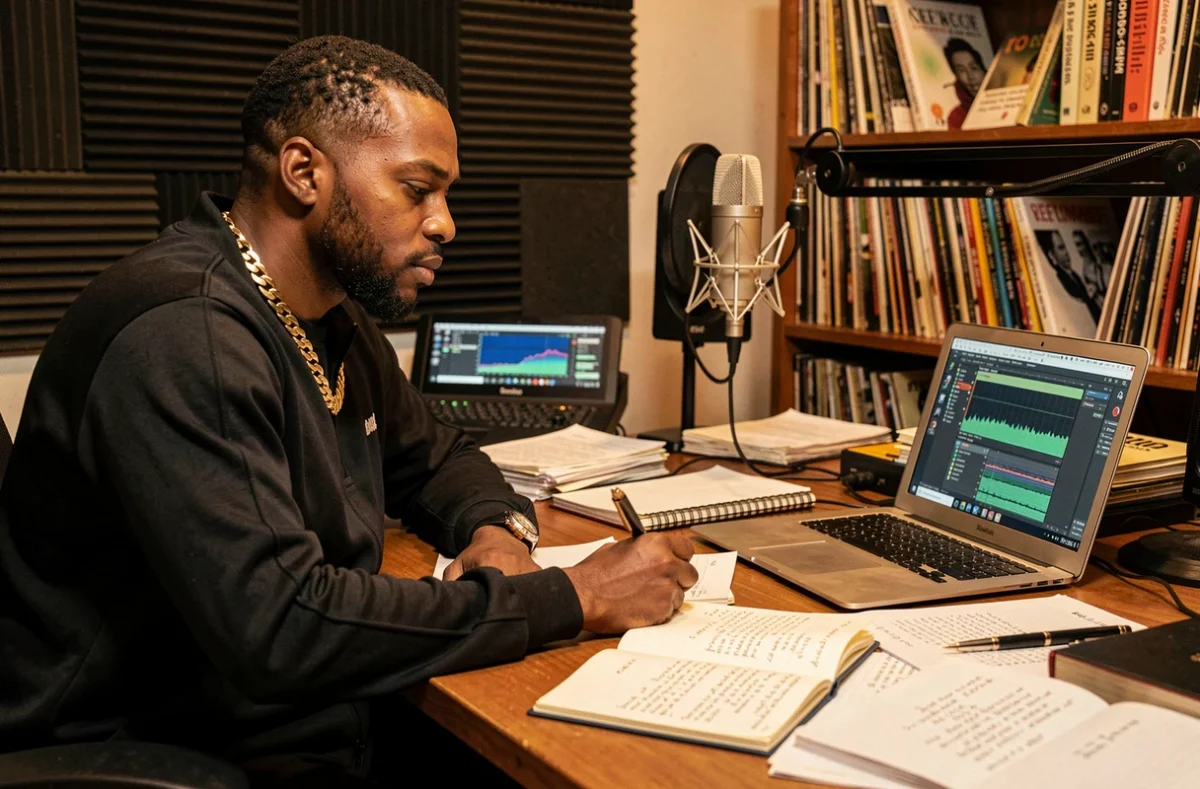 Producteur de musique rap en studio d'enregistrement artisanal entouré de feuilles de paroles, reflétant le processus créatif et le message politique des textes de rap