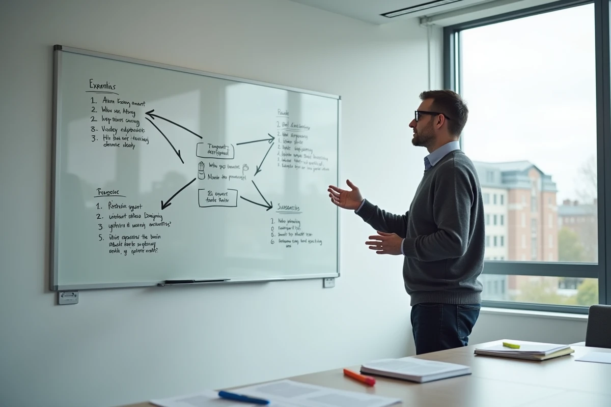 Professeur présentant des techniques d'argumentation au tableau blanc dans une salle de séminaire universitaire, illustrant les méthodes de conviction à l'écrit