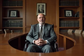 Homme charismatique en fauteuil roulant présidant une réunion dans une salle académique évoquant la lutte pour les droits civiques et les mutants chez Marvel
