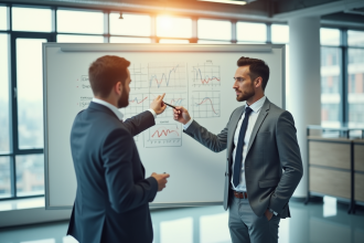 Deux professionnels en réunion dans un bureau moderne