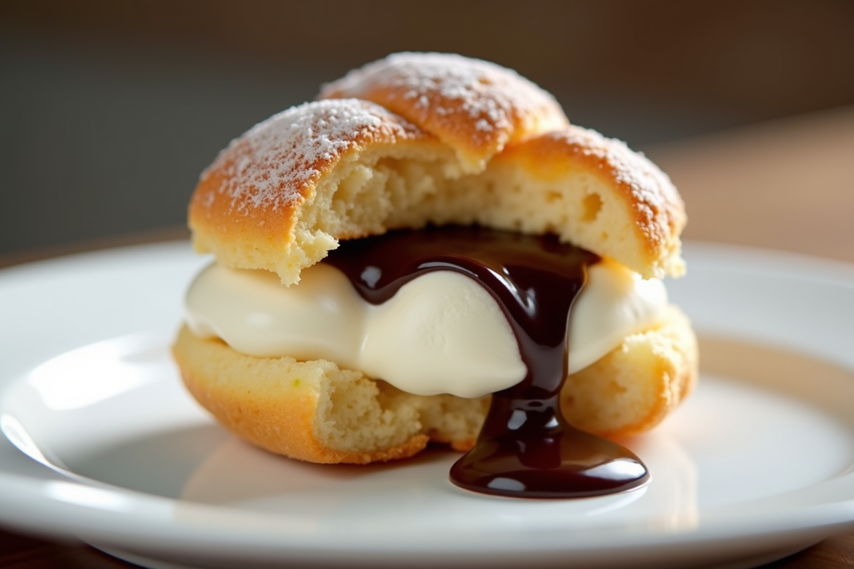 Gros plan sur profiterole coupée avec glace et sauce chocolat