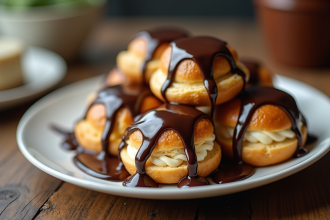 Assiette de profiteroles glacées au chocolat et vanille