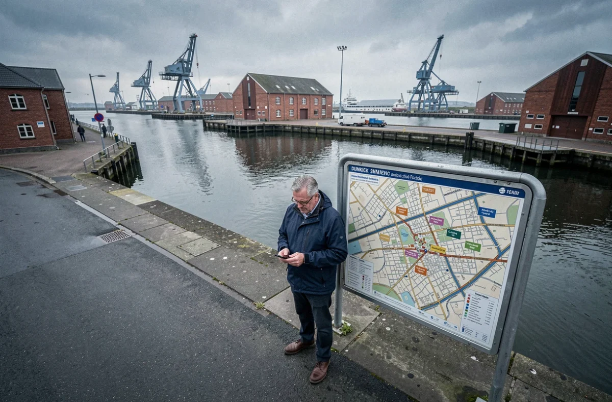 Homme consultant son smartphone près d'un panneau cartographique des codes postaux dans le quartier portuaire de Dunkerque