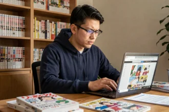 Jeune homme cherchant un chapitre de manga sur son ordinateur portable entouré de volumes de manga