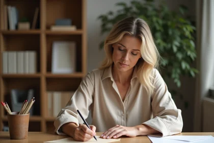 Femme rédigeant une adresse postale sur une enveloppe à la main, incluant un lieu-dit et un code postal conforme La Poste