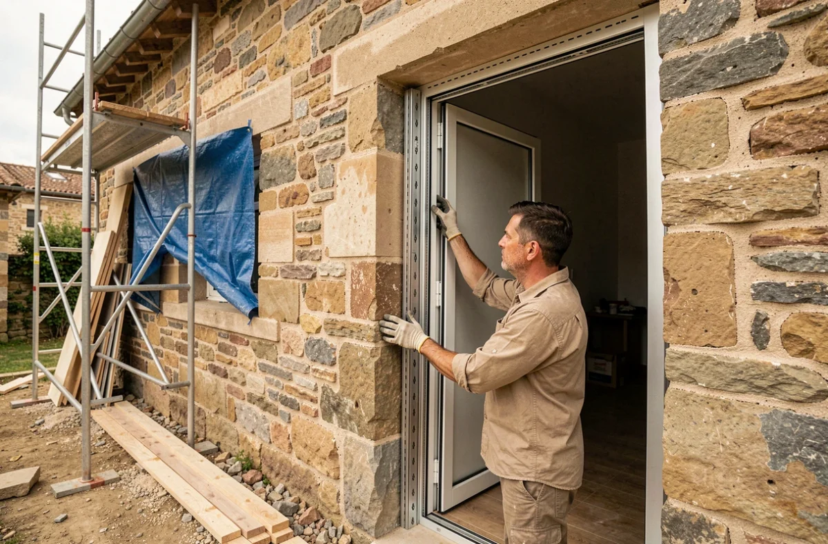 Spécialiste Rénov'Home posant un encadrement de porte blindée sur une maison en pierre rénovée dans les Pyrénées-Atlantiques